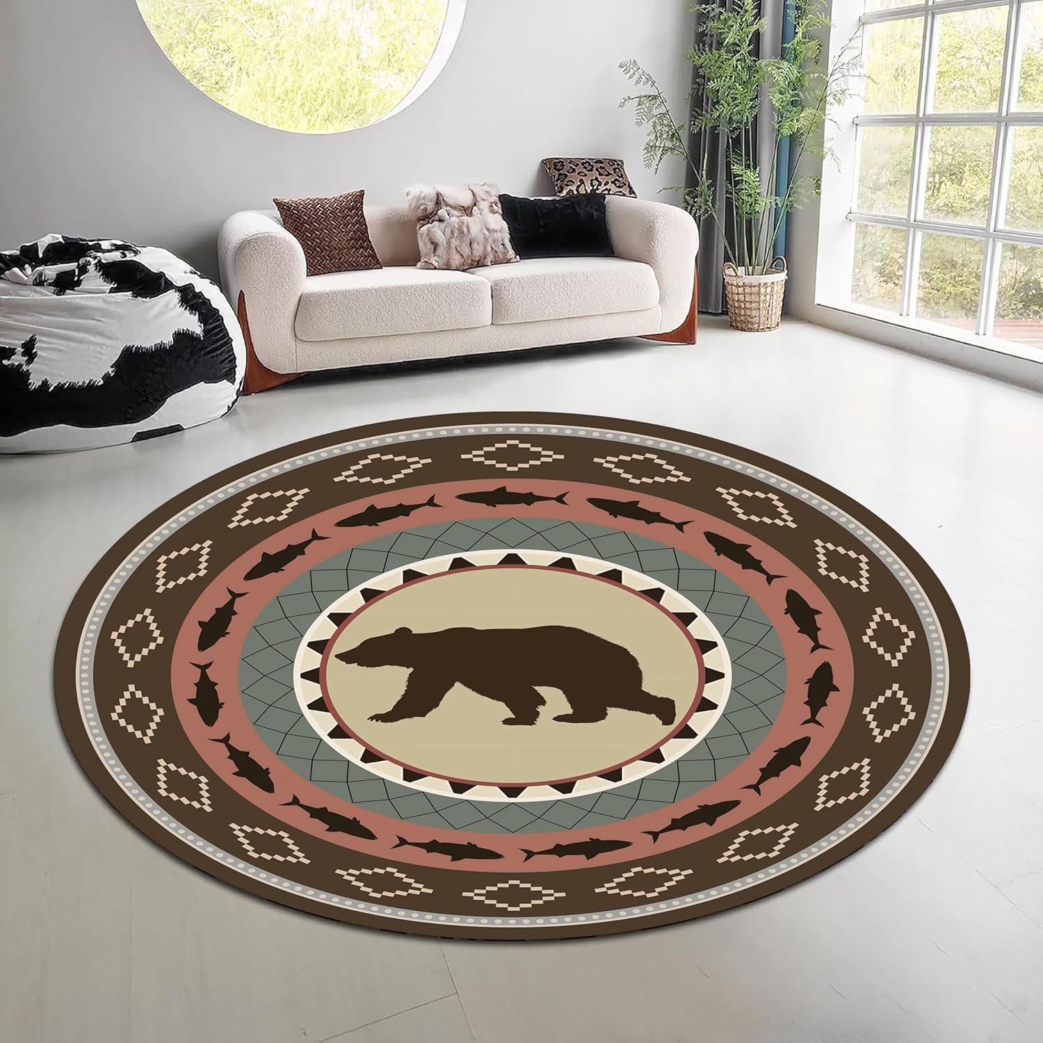 Hunting Outdoor Mat - Vintage Doğa Ormanı Yuvarlak Halı Yeşil